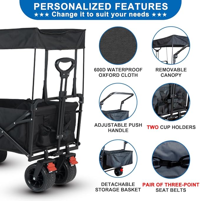 Collapsible Wagon with Removable Canopy, 3-in-1 Heavy Duty Garden Cart with Big All-Terrain Wheels, Brakes, Adjustable Push Pull Handle, Cooler Bag, 300LBS Wagon Cart for Camping (Black)