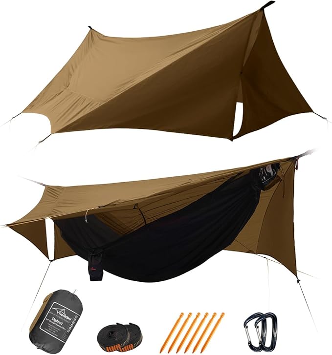 SkyNest 11ft Hammock with Net and Rain Fly Tarp, 4 in 1 Camping Hammock Tent, Ultralight Portable Double-Layer Hammock with Ridge Rope for Camping, Hiking and Backpacking