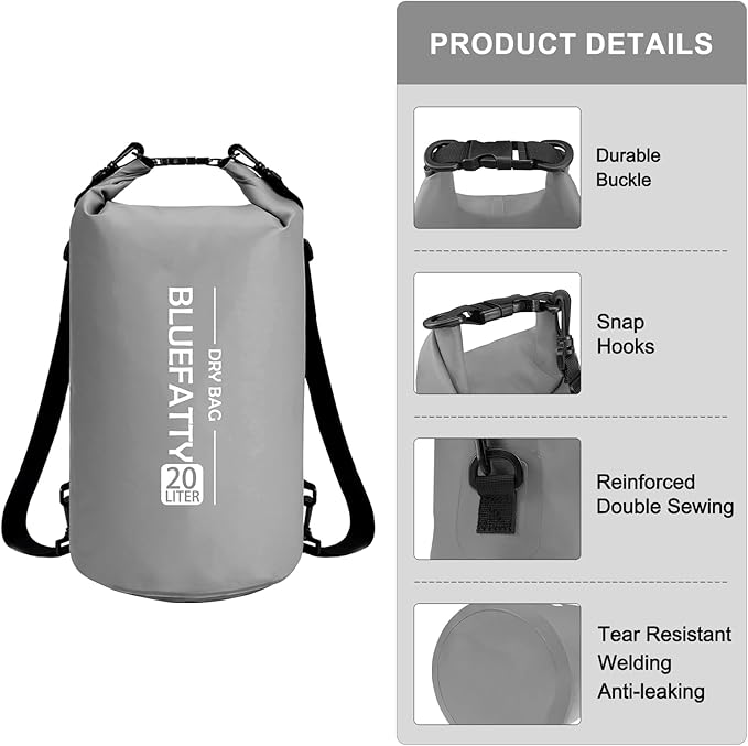 Waterproof Dry Bag Floating Dry Sack Roll Top Dry Backpack for Kayaking, Rafting, Boating, SUP, Fishing with IPX8 Waterproof Phone Case, Grey, 20L