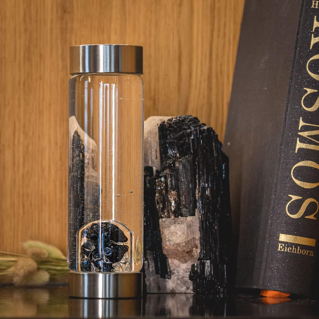 VitaJuwel ViA LUNA | Crystal Water Bottle with Rainbow Moonstone and Clear Quartz for Intuition, Empathy, Femininity