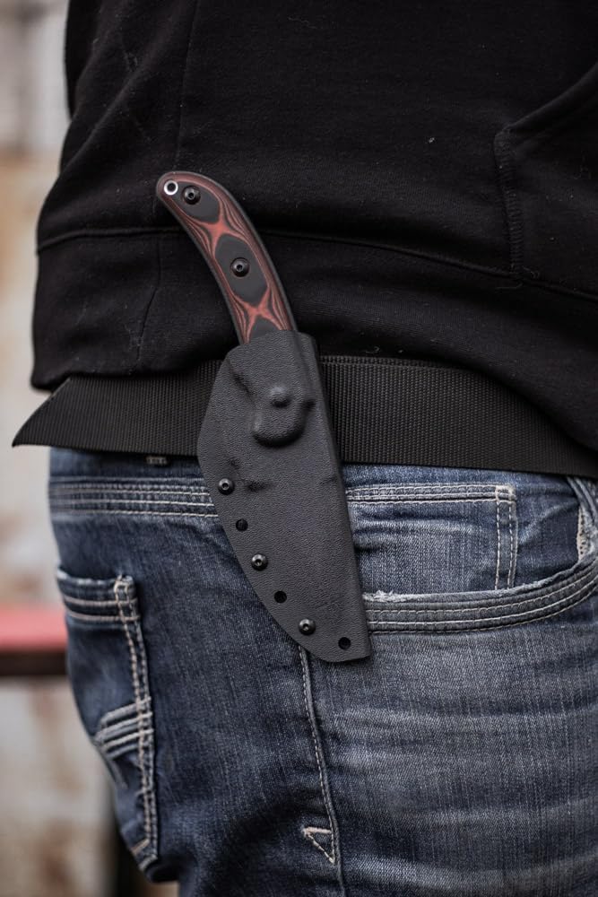 Tops Knives SGT. Scorpion Full Tang Fixed Blade- Black Kydex Sheath w/Rotating Spring Steel Sheath Clip (Red/Black G10 Handle)