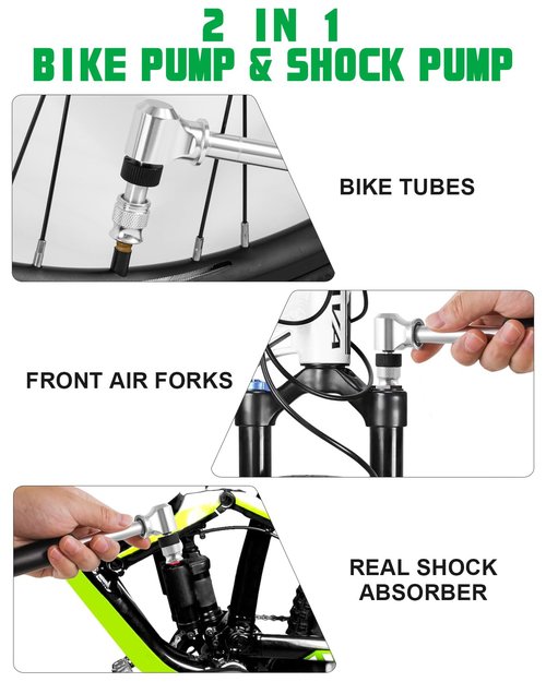 Mini Bike Pump 300 PSI High Pressure, Portable Hand Pump for Bicycle Tires - Dual Valve Compatible with Presta & Schrader, MTB Suspension Pump for Fork/Rear Shock, Compact Frame Pump
