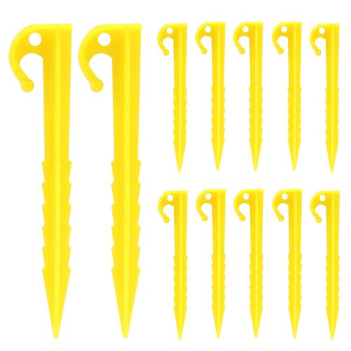 Moicstiy 12 Pack Plastic Tent Stakes, 5.7 Inch Yellow Serrated Edges Durable Garden Landscape Stakes Tent Spikes Hook for Camping, Gardening, Outdoor Beach