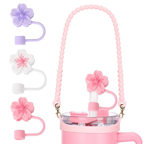 Eoopoon Water Bottle Handle Strap with 3Pcs Straw Cover Caps for Stanley Cup, Dust-Proof Reusable Silicone Straw Cap for Stanley 30&40 Oz Tumbler, Stanley Cup Accessories(Pink A)