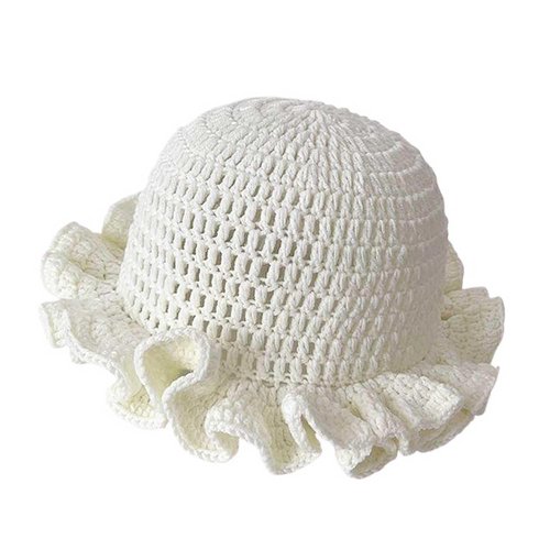 Crochet Bucket Hat Women Trendy Knit Floppy Ruffled Cap Cute Boho Handmade Beanies Outdoor Boho Travel Fishing Hat White