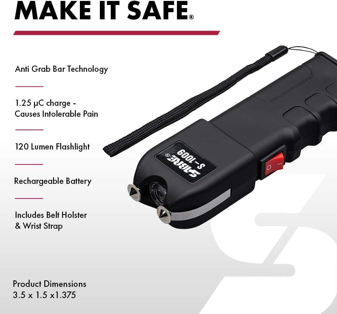SABRE 2-in-1 Stun Gun with Flashlight and Anti-Grab Bar Technology, Painful 1.250 µC Charge, 120 Lumens, Rechargeable Battery, Safety Switch, Includes Wrist Strap and Belt Holster