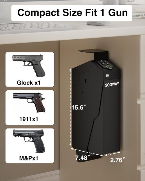 Gun Safe, Mounted Biometric Pistol Safe Drop Down Gun Lock Box for Handgun with 3 Ways Quick Access Bedside Pistol Case for Nightstand, Desk, Wall, Dresser