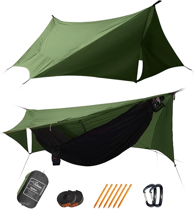 SkyNest 11ft Hammock with Net and Rain Fly Tarp, 4 in 1 Camping Hammock Tent, Ultralight Portable Double-Layer Hammock with Ridge Rope for Camping, Hiking and Backpacking