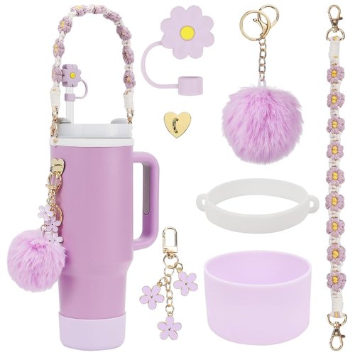 CTZENWAY 7Pcs Stanley Cup Accessories Set Including Siliocne Stanley Cup Boot, Siliocne Straw Topper Cover Cap, Water Bottle Handle Strap, Stanley Keychain Charms for 30oz&40oz Stanley Cup (Purple)