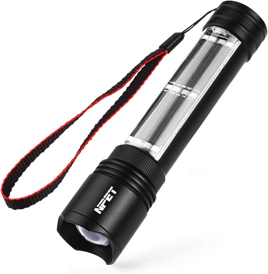 NPET T10 Car Flashlight 500 Lumens LED COB Light Solar Powered USB Rechargeable Tactical Multi-Function Torch Tool with 120dB Siren Window Breaker Seat Belt Cutter Compass for Camping
