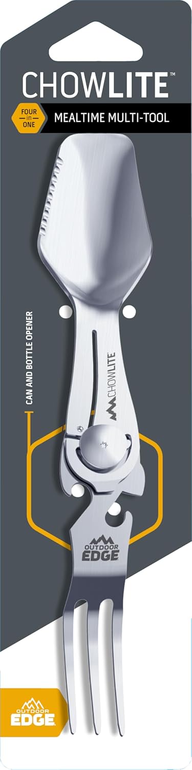 OUTDOOR EDGE Chowlite - Mealtime Multitool with Folding/Locking Fork, Spoon, Bottle Opener, Can Opener and Screwdriver - 100% Stainless Steel - Perfect for Camping, Hiking, Backpacking and Hunting