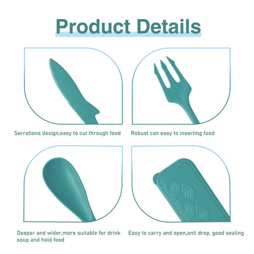 Reusable Travel Utensils with Case, Ocean Themed Fork and Spoon Set for Lunch Box, Portable Cutlery Set for Adults Picnic Camping Utensils (2, Light Blue, Deep Green)