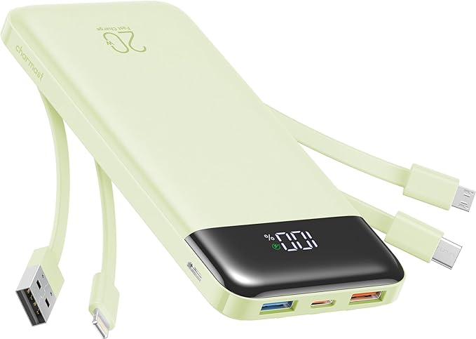 charmast 20000mAh Portable Charger with Built in Cables, 22.5W Travel Power Bank Fast Charging, USB C Cell Phone Battery Pack for iPhone 16/15/14/13/12/11 Series, iPad, Samsung, Android, Tablet