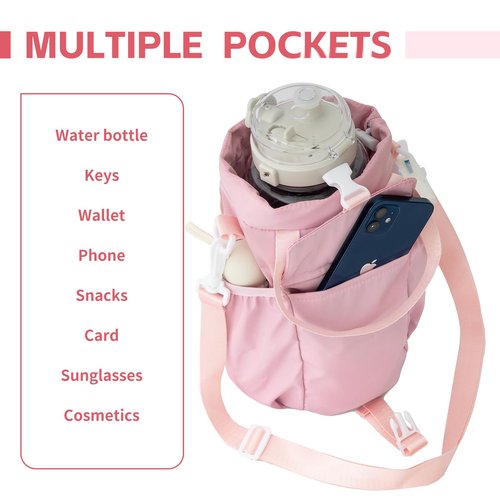 BAVELOE Water Bottle Holder with Strap Phone Pocket 32oz 40oz 64oz Tumbler Water Bottle Carrier Sling Bag Crossbody (Pink)