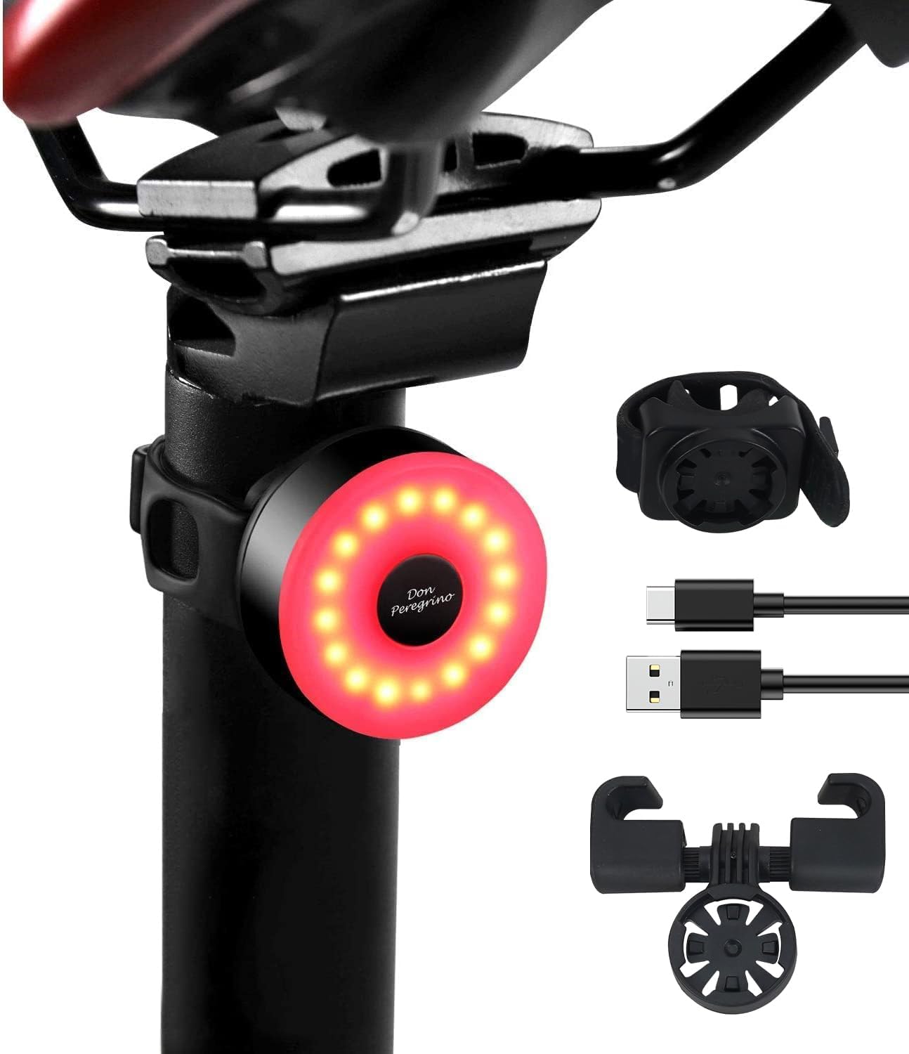 Rear Bike Light 90hrs Autonomy - Bike Lights Compact Size, IP65 Waterproof, USB C Rechargeable, Quick Release Mounts for Saddle & Seatpost, with 5 Steady Flash Modes, DON PEREGRINO M2 Bicycle Lights