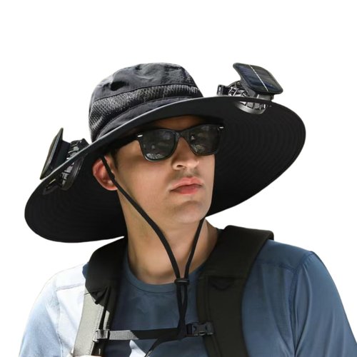 Lshnrd Wide Brim Solar Fan Outdoor Fishing Hat,Waterproof Hat with Two Solar Fan for Men/Women,Solar Fan Hat UPF50+, A3-black