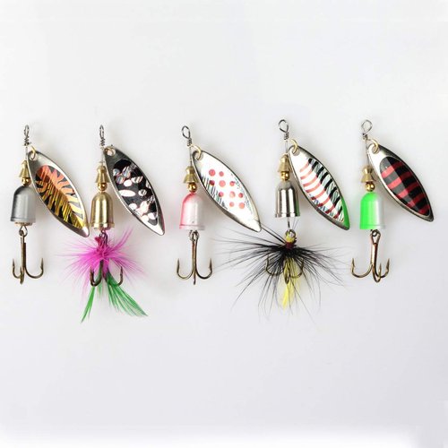 WOLFSKIN Fishing Lures Kit, 10 PCS Spoons Baits Set, Spinnerbaits for Trout Salmon Bass Walleye, Freshwater and Saltwater Hard Metal Fishing Bait, Sequin Baits (Spinnerbait)