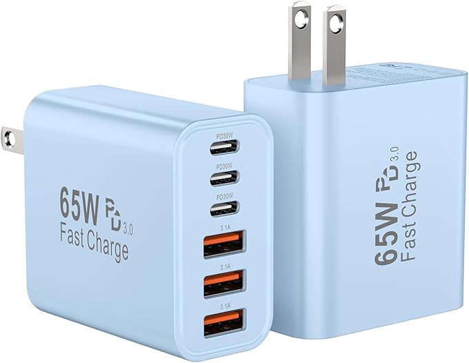 USB C Charger Block, 65W USBC Wall Charging Blocks 6-Port PD & QC Power Adapter Multiport Type C Fast Chargers Plug Cube Brick for iPhone 16/15/14/13/12/Pro Max,iPad Pro,Samsung Galaxy S25 Black