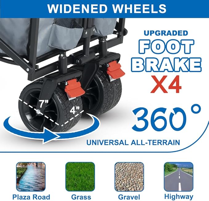 Collapsible Wagon with Removable Canopy, 3-in-1 Heavy Duty Garden Cart with Big All-Terrain Wheels, Brakes, Adjustable Push Pull Handle, Cooler Bag, 300LBS Wagon Cart for Camping (Grey)