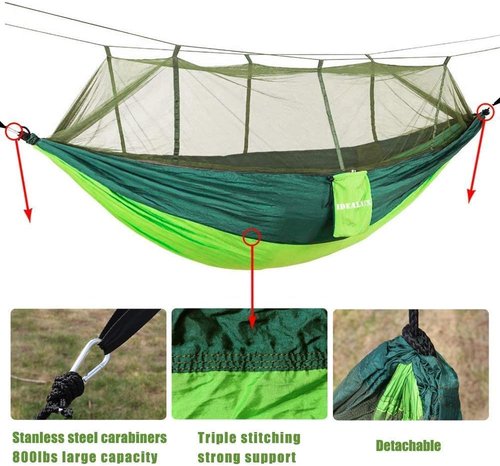 Camping Hammock with Net, Lightweight Portable Double Parachute Hammocks, 210T Nylon, High Capacity and Tear Resistance, Perfect for Camping, Backyard Relaxation (Green)
