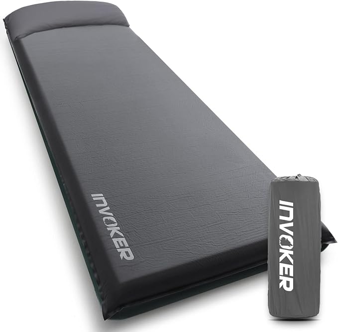 INVOKER Camping Sleeping Pad 2.75” Memory Foam Fast Self Inflating Insulated Durable Camping Mat Air Mattress with Pillow，for Tent, Traveling, Car, Camping, Grey