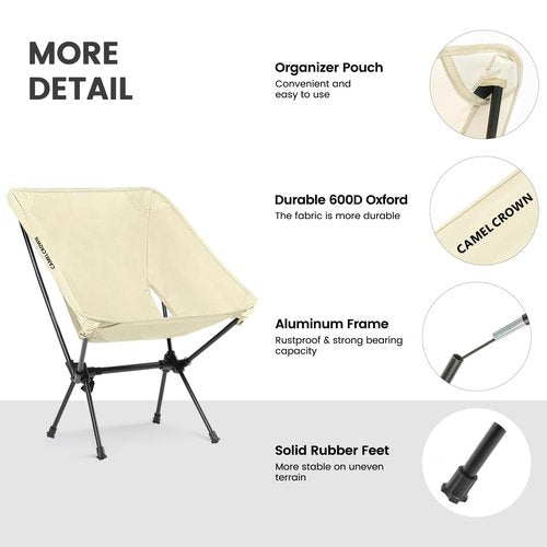 CAMEL CROWN Portable Camping Chair Folding Compact Lawn Lightweight Backpacking Chair with Carry Bag for Outdoor Hiking Beach Travel Picnic Festival White