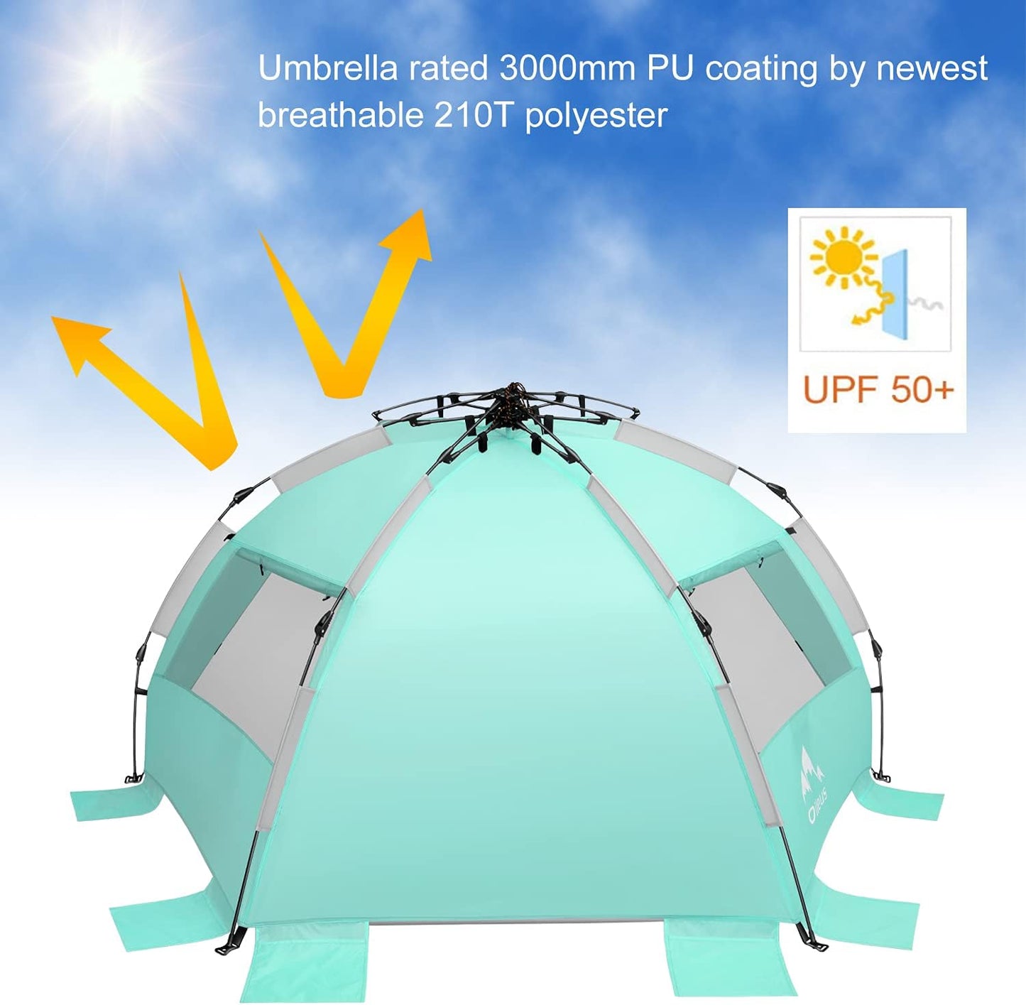 Oileus X-Large 4 Person Beach Tent Sun Shelter - Portable Sun Shade Instant Tent for Beach with Carrying Bag, Stakes, 6 Sand Pockets, Anti UV for Fishing Hiking Camping, Waterproof Windproof, Orange
