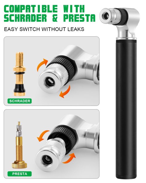 Mini Bike Pump 300 PSI High Pressure, Portable Hand Pump for Bicycle Tires - Dual Valve Compatible with Presta & Schrader, MTB Suspension Pump for Fork/Rear Shock, Compact Frame Pump