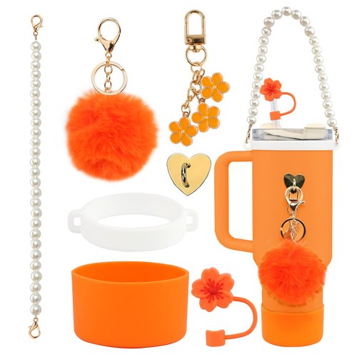 Rabrgab 7Pcs Orange Stanley Cup Accessories Set - Water Bottle Handle Strap, Silicone Flower Straw Topper, Silicone Cup Boot, Pompom and Flower Charms for Water Bottle Tumbler 20oz 30oz 40oz