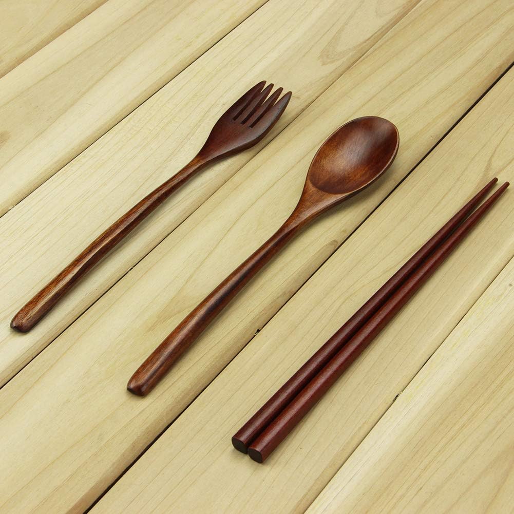 Wooden Spoon and Fork Set, AOOSY 3 Pcs Nanmu Wood Fork Spoon Chopsticks Camping Travel Flatware Set Tableware with Bag, Brown Color