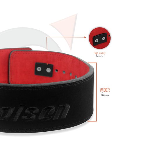 Daisen Weight Lifting Belt Powerlifting, 10mm Thick 4" Leather Lumbar Back Support, Lever Buckle Gym Strength Training Equipment, Bodybuilding Deadlifts Squats Workout Men Women (10MM Black/Red, Medium)
