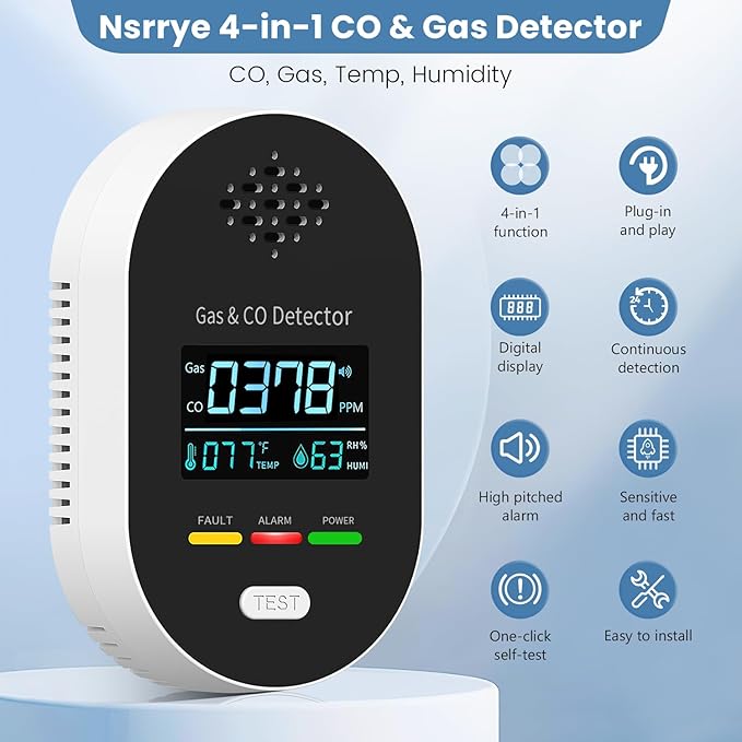 3-Pack Carbon Monoxide Detectors | Plug-in CO and Natural Gas Detector, 4-in-1 Gas & CO Detection with Temperature and Humidity Display for Home & Travel Safety-Black