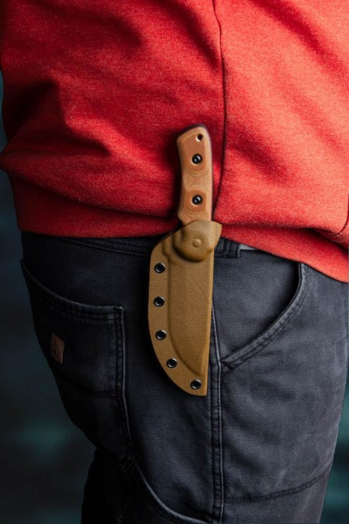 Tops Knives Shadow Hunter Full Tang Fixed Blade- Coyote Tan Kydex Sheath w/Rotating Spring Steel (Tan Canvas/Black Canvas Micarta Handle)