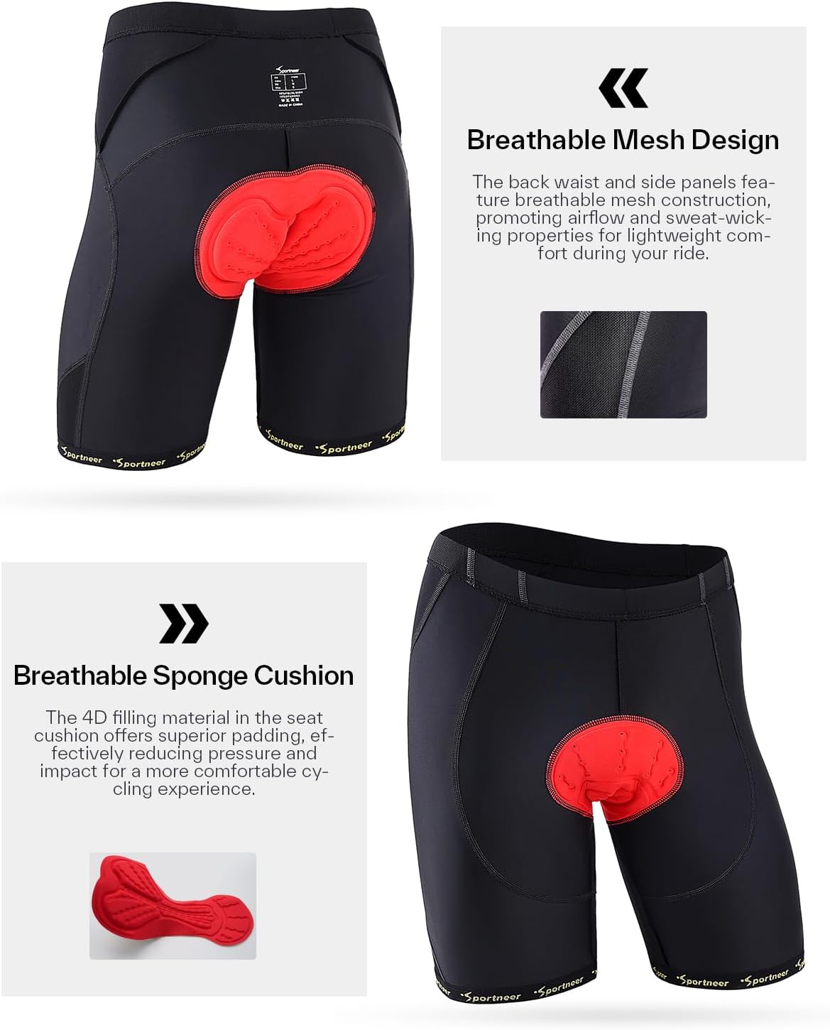 Sportneer Padded Bike Shorts for Men - 4D Padding Mens Bicycle Cycling Biking Clothing Shorts, Breathable and Absorbent
