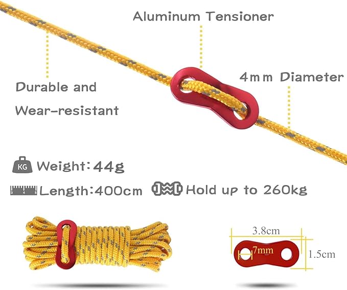 Hikeman 6 Pack 4mm Outdoor Guy Lines Tent Cords Lightweight Camping Rope with Aluminum Guylines Adjuster Tensioner Pouch for Tent Tarp, Canopy Shelter, Camping, Hiking, Backpacking (Fluorescent Green)