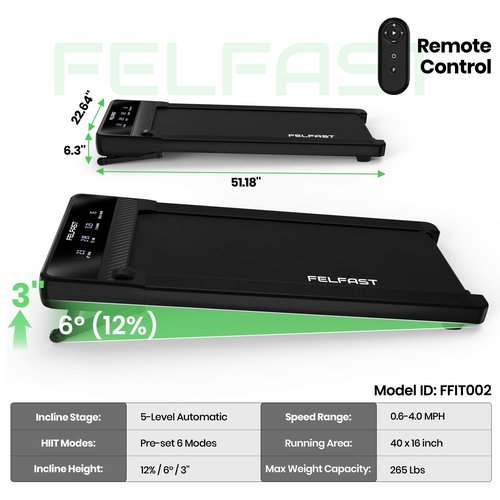 FelFast Walking Pad with 12% 6° Auto Incline, Under Desk Treadmill for Home Office w/Remote Control, 6 HIIT Mode, 265 Lbs Weight Capacity, 4 MPH Max, Desk Treadmill in LED Display, Black
