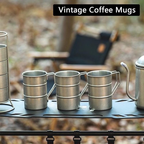 TANZOIJI Vintage Coffee Mugs Stainless Steel Mug with Handle Camping Coffee Mugs Outdoor Hiking Cup Lightweight Camping Gear for Men Backpacking Mug, Set of 2-Silver (16.9oz/500ml)