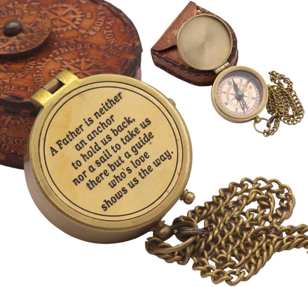 RII Antique Nautical Vintage Directional Magnetic Compass with Famous Scripture Quote Engraved Baptism Gifts with Leather Case or Wooden Case for Dad from Son, Daughter