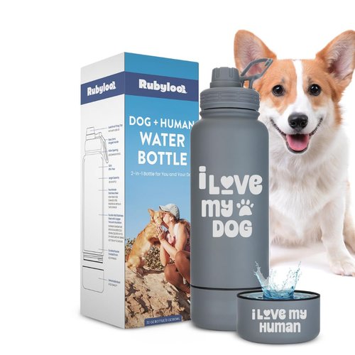 rubyloo The Original Doggy Bag Backpack (Dusty Pink) & 32 oz Insulated Water Bottle with Attached 8 oz Bowl (I Love My Dog) – Dog Travel Backpack & Hydration Set