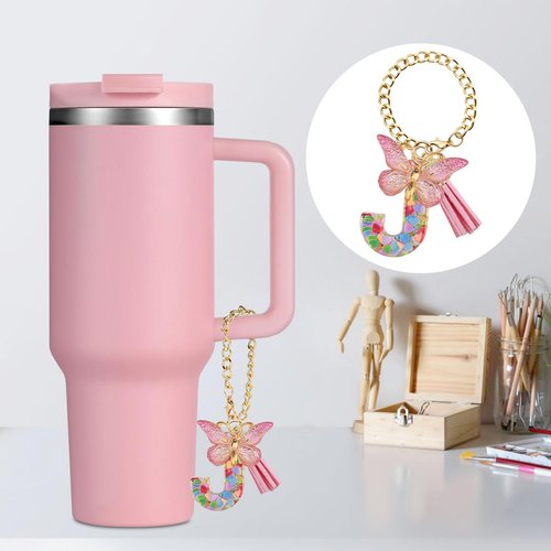 BALLMENT Letter Charm Keychain for Stanley Cup Accessories, Pink Custom Initial J Keychain for Stanley Tumbler 20oz/30oz/40oz, Cute Monogram Bag Charm Gift for Women Girls