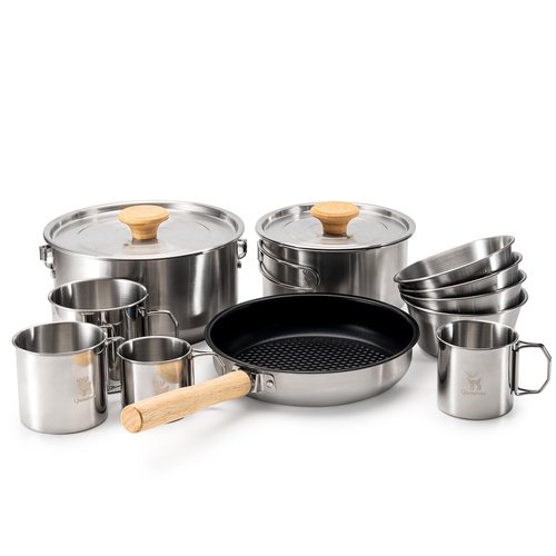 Qunature Camping Cookware Set 11PCS 304 Stainless Steel Campfire Cooking Pots Pan and Bowls Cups with Travel Tote Bag for Outdoor Kitchen Cooking Picnic