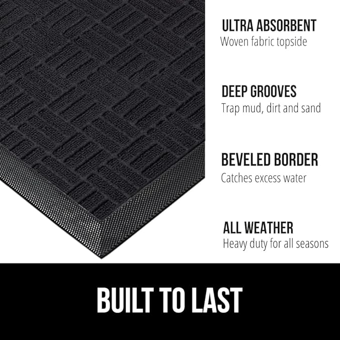 GORILLA GRIP 100% Waterproof All-Season WeatherMax Doormat, 23x35, Durable Natural Rubber, Stain and Fade Resistant, Low Profile, Indoor Outdoor Door Mats, Easy Clean Patio Entrance Mat, Midnight Maze