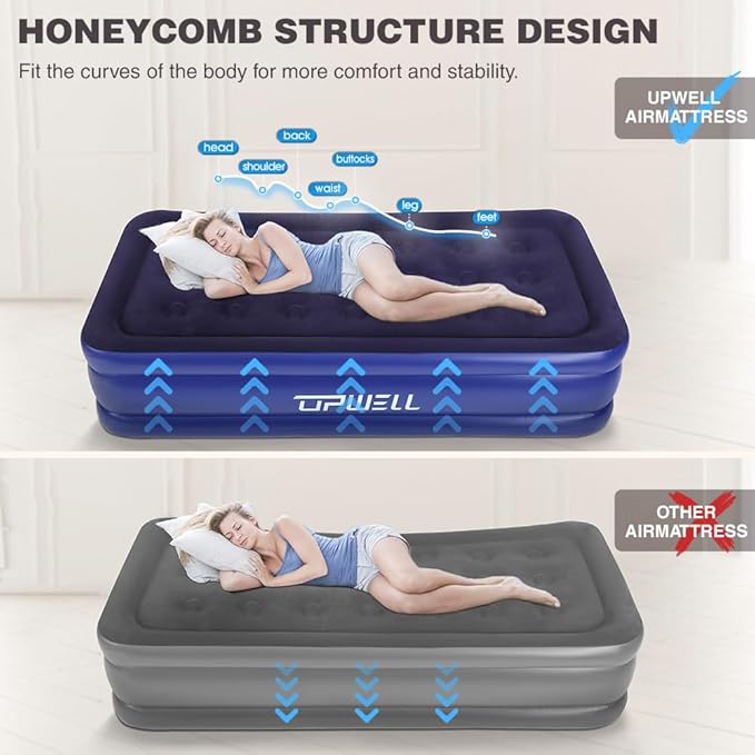 UPWELL Inflatable Air Mattress Twin with Built in Pump Comfort Blow up Bed Waterproof Fast&Easy Set up Dura Beam Strong Support Mattress for Home Guests & Camping Navy Blue