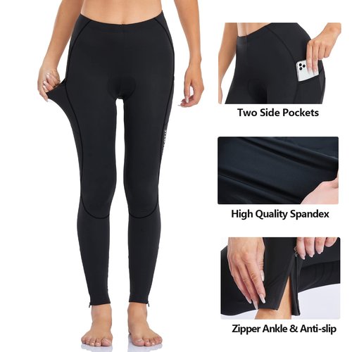 Women's Bike Pants 4D Padded Winter Cycling Pants Thermal Fleece Lined Long Bicycle Tights Compression Leggings with Pockets Black XL