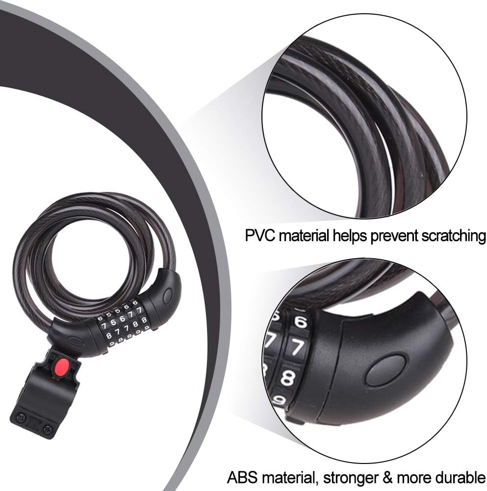 NDakter Bike Lock, 4/5.6 Feet Bicycle Cable, High Security 5 Digit Resettable Combination Coiling Bicycle Lock, Heavy Duty Anti Theft Cable with Mounting Bracket, 1/2 Inch Diameter (12mm)