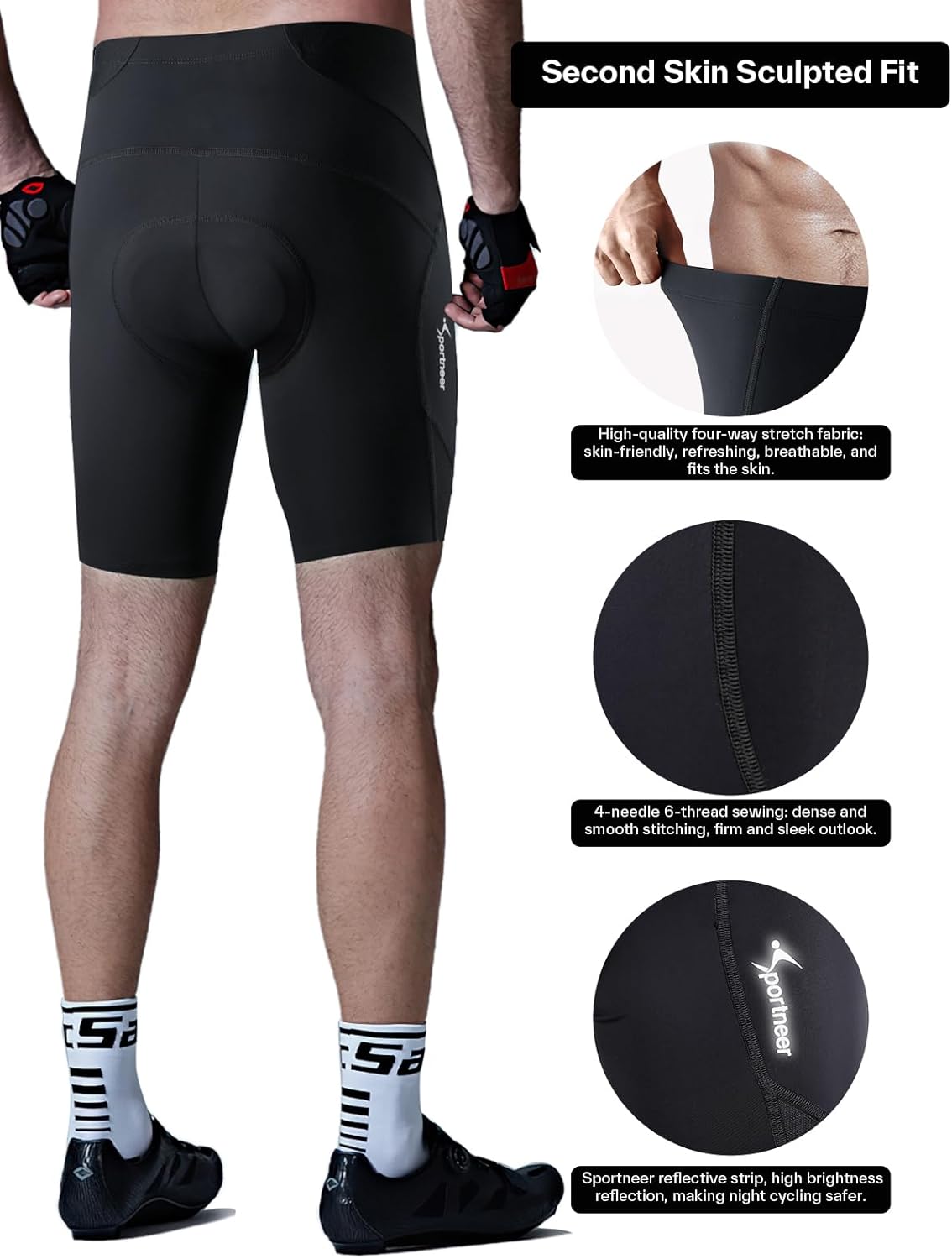 Sportneer Padded Bike Shorts for Men - 4D Padding Mens Bicycle Cycling Biking Clothing Shorts, Breathable and Absorbent