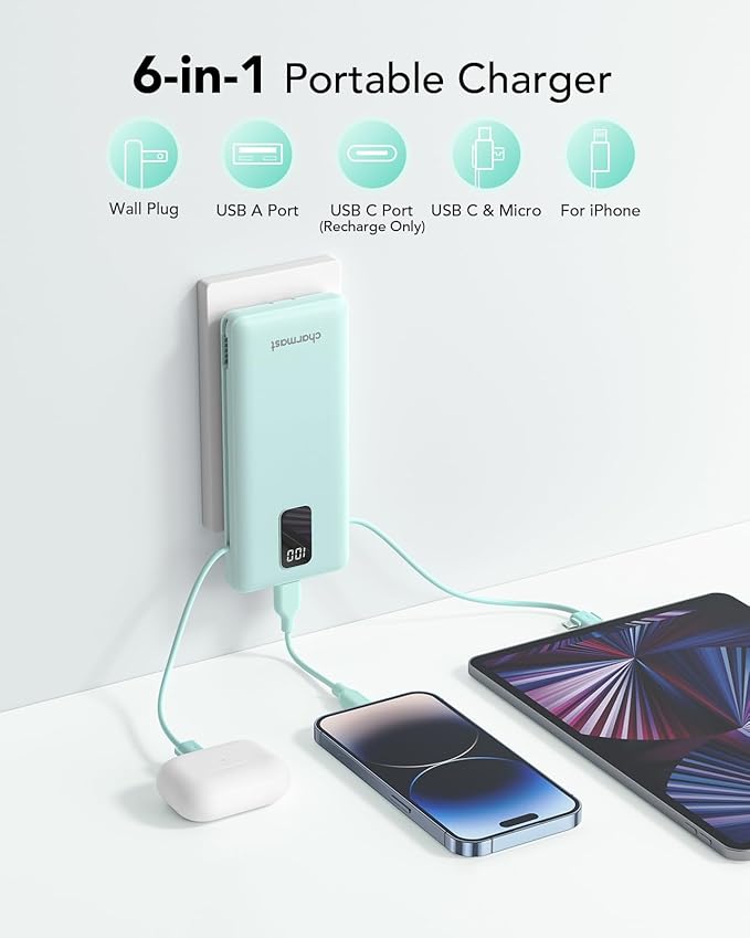 Charmast Portable Charger with Built-in Cables and Plug, 10000mAh USB C Power Bank Fast Charging 15W, External Battery Pack Slim, Travel Essentials Compatible with 16 15 14 13, Samsung Galaxy, iPad
