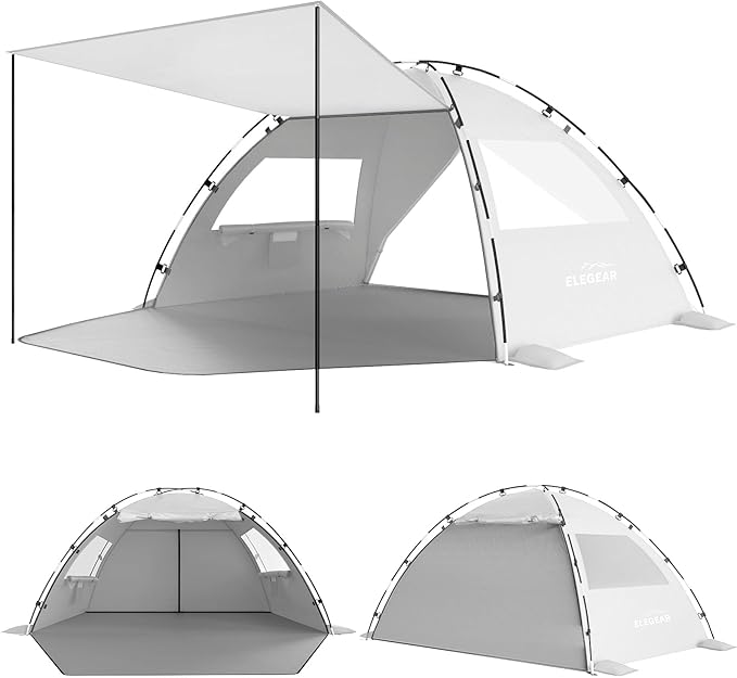 Elegear Beach Tent Sun Shelter with Canopy, 4-5 Person Pop Up Beach Tent, Easy Setup UPF 50+ UV Protection Portable Lightweight Double Silver Coating Cabana Sun Shade Shelter - Silver