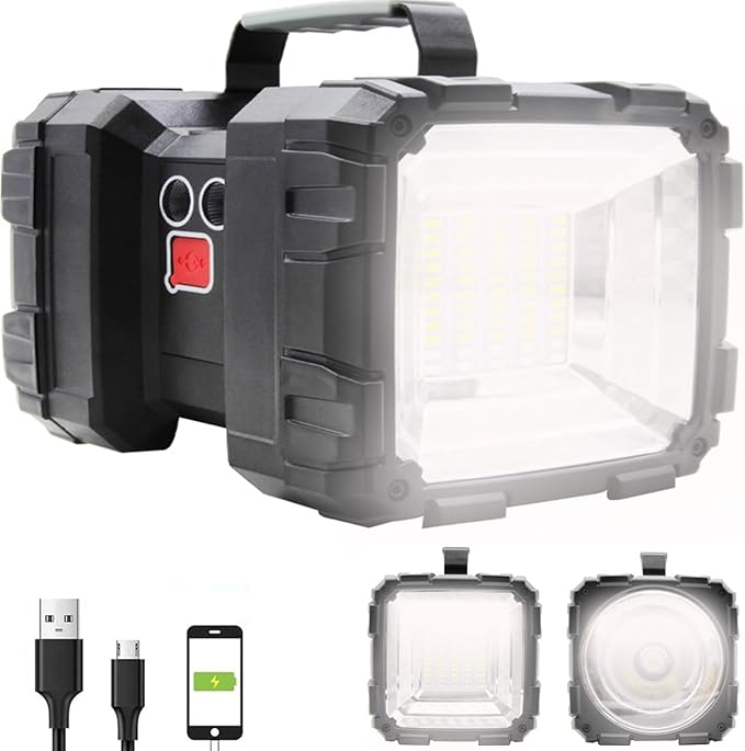 Rechargeable LED Searchlight Flashlight, LED Spotlight Big Power Capacity 15000LM 20h Ultra-Long Standby 7 Lights Modes Camping Work Light, Waterproof, Power Bank, for Home, Outdoor (55 LEDs)