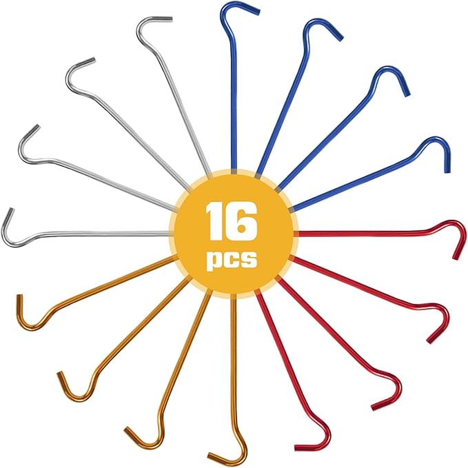 GEEWAY 7 Inch Aluminium Tent Stakes for Secure Ground Support，Perfect for Outdoor Decorations and Tarps, Stakes for Inflatables, Garden Edging Fence Hooks Pegs Heavy Duty Colorful Metal Stakes 16 Pack